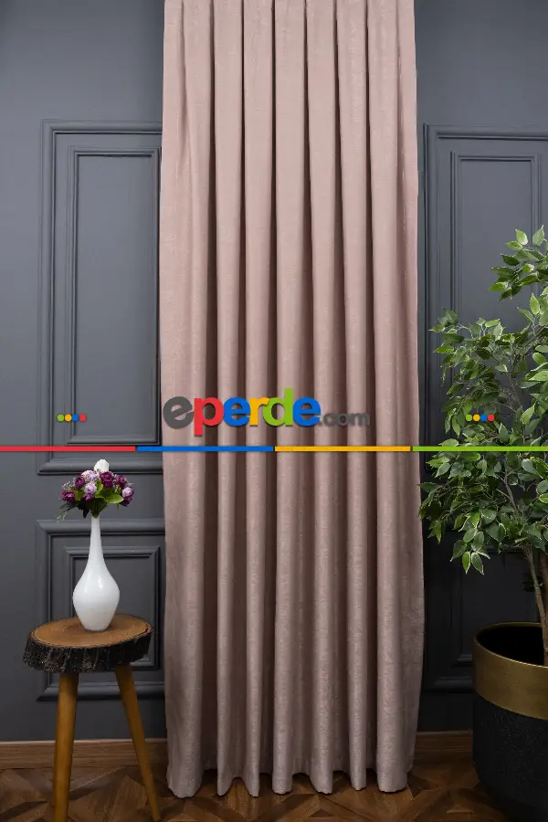 Salon - Soft Fon Perde Pudra Pembesi Dökümlü En - Pembe Pudra Pembe