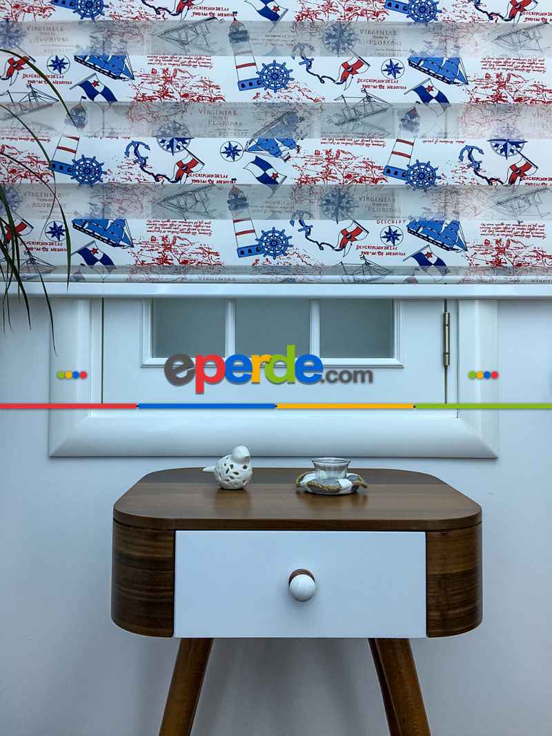 Çocuk Odası - Zebra Perde - Gemi Baskılı- Mavi