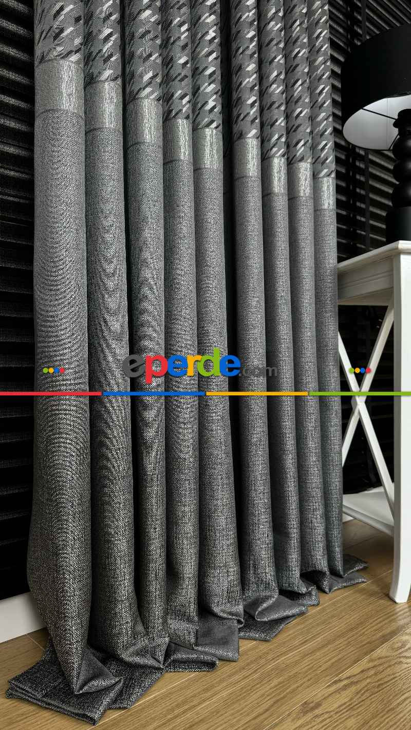 Gri Gümüş Fon Perde, Kazayağı Desenli Jakar Dokuma Pano Model