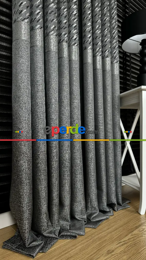 Gri Gümüş Fon Perde, Kazayağı Desenli Jakar Dokuma Pano Model