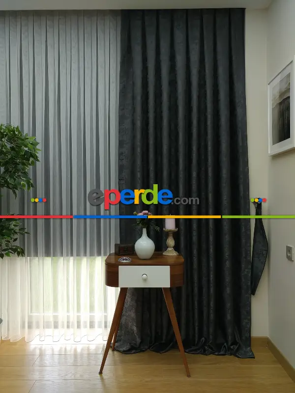 Antrasit Füme Renk Jakar Desenli Fon Perde- Antrasit