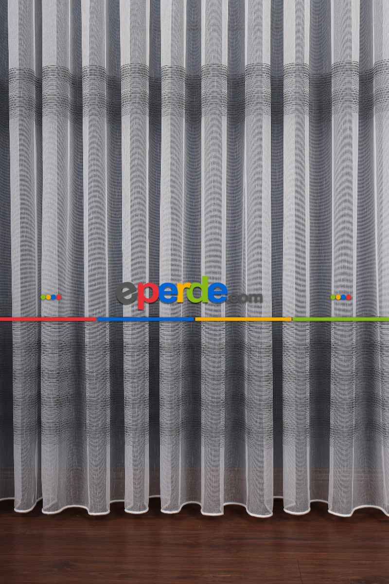 Salon Tül Modelleri - Enine Bantlı Simli Düz Tül Perde Ütü Istemez