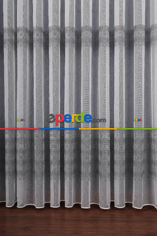 Enine Bantlı Simli Düz Tül Perde Ütü Istemez