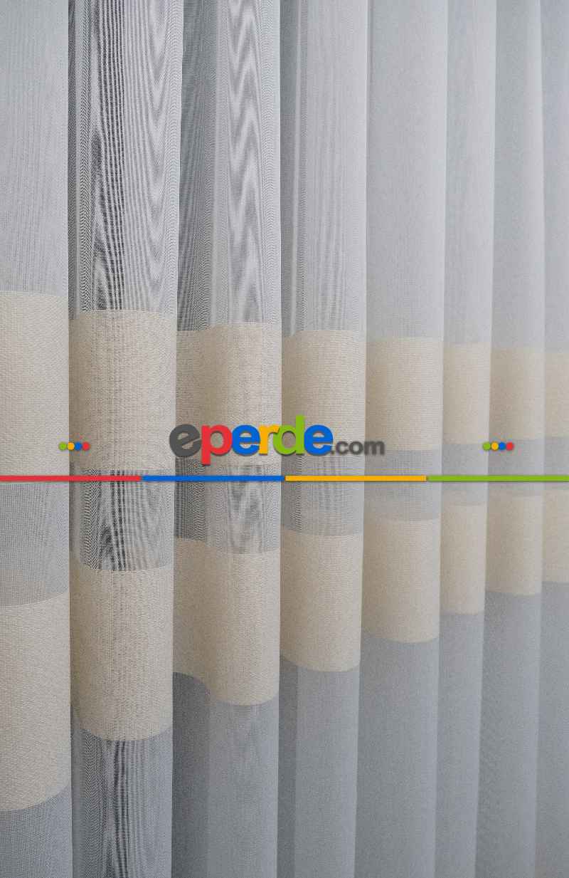 Mutfak Tül - Modern Bantlı Krem Tül - Yüksek Kalite Tül - Enine Çizgili