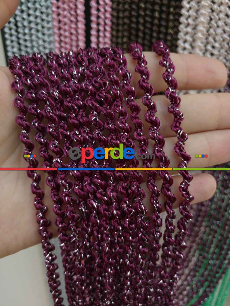 Mutfak İp Perde - Bordo Rengi İp Perde Bukle Serisi- Bordo-gümüş