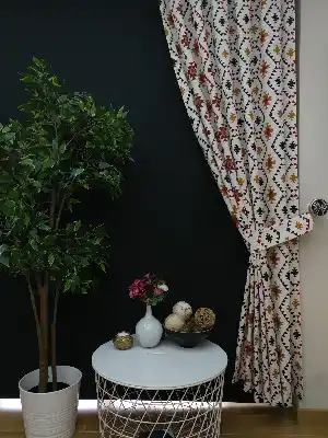 Geometrik Desenli Fon Perde ( Leke Tutmaz )- Siyah-kırmızı-hardal Sarısı