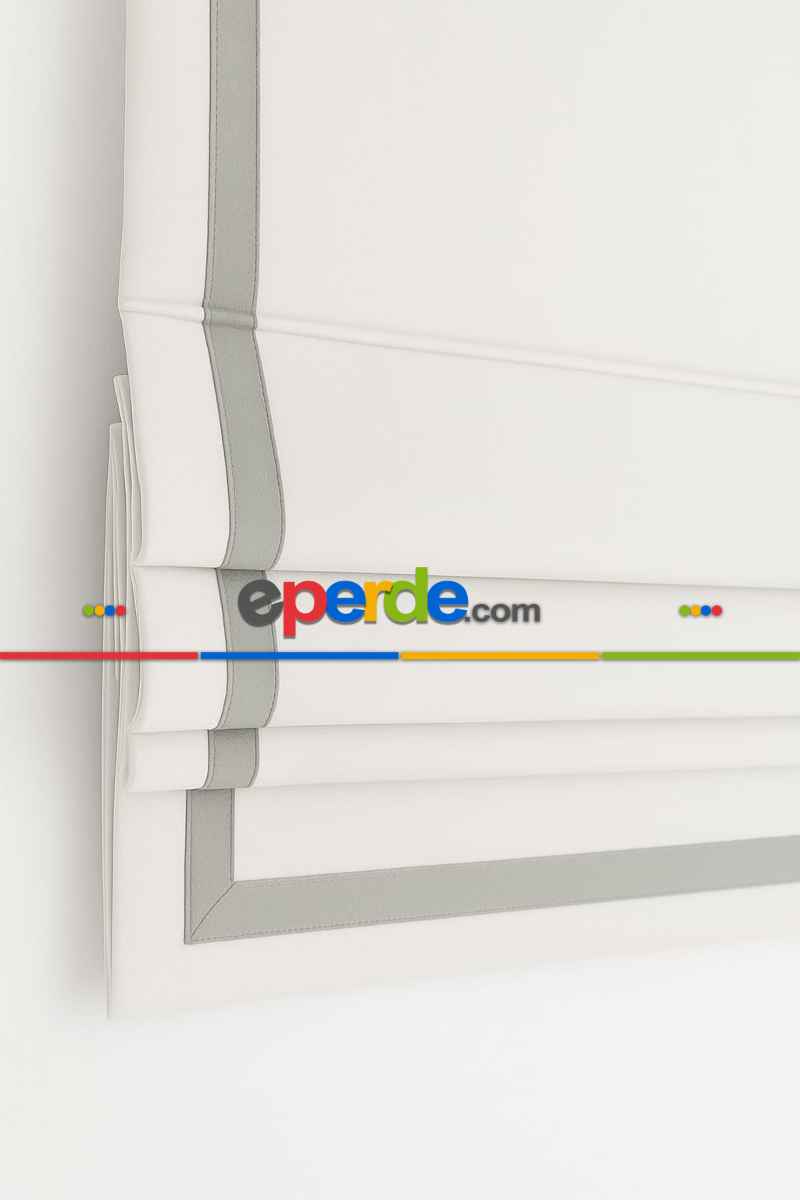 Katlamalı Perde Beyaz Fon Kumaş Açık Gri Biyeli Katlamalı Perde