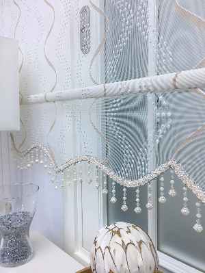 Desenli Çiftli Sistem Tül Stor Perde- Krem-gümüş Simli