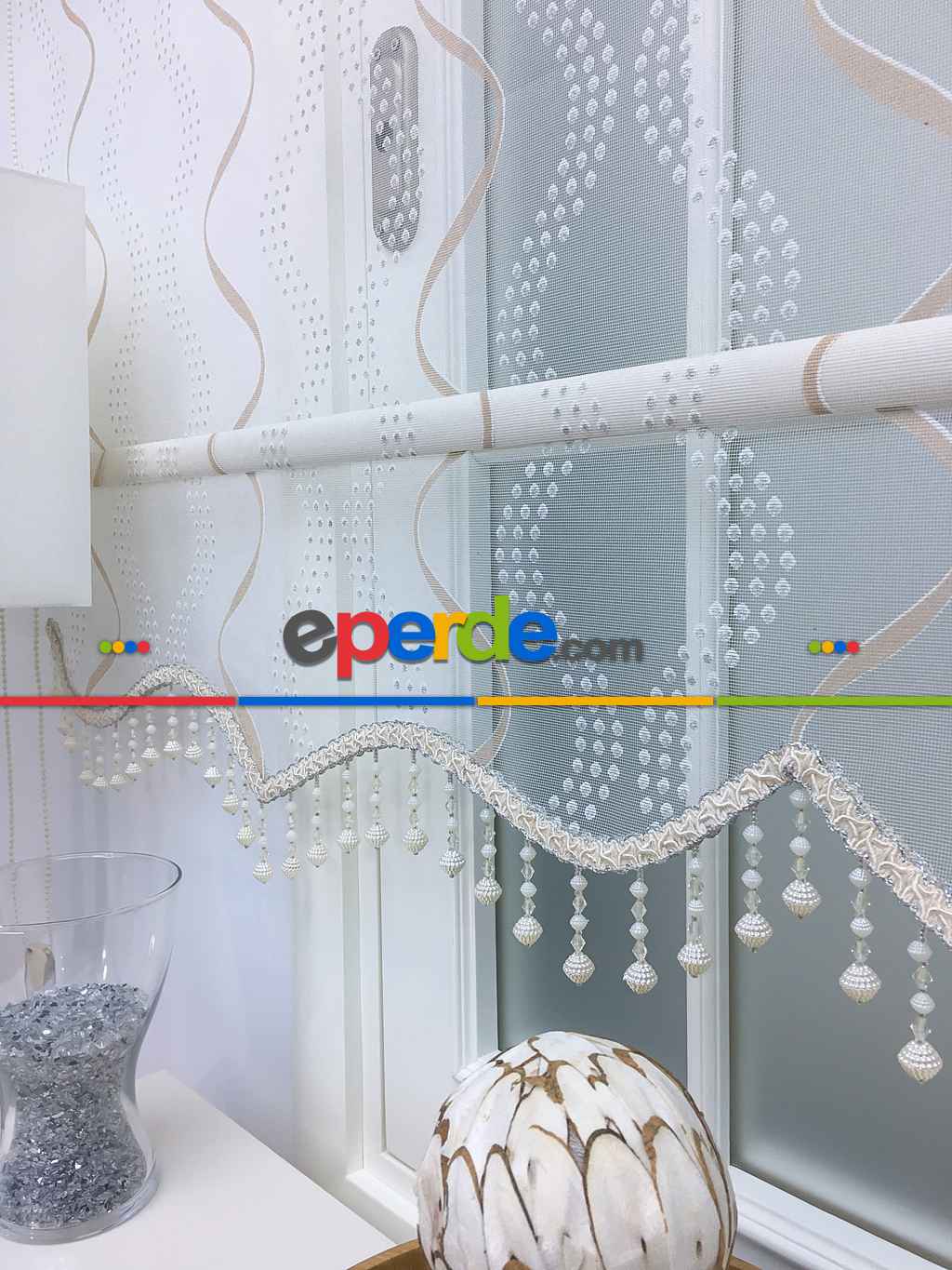 Desenli Çiftli Sistem Tül Stor Perde- Krem-gümüş Simli