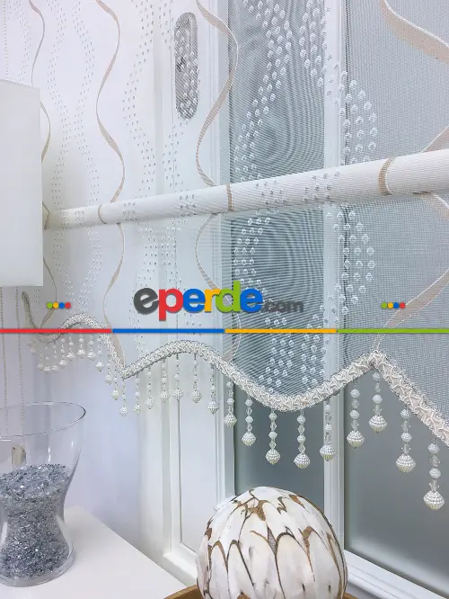 Desenli Çiftli Sistem Tül Stor Perde- Krem-gümüş Simli