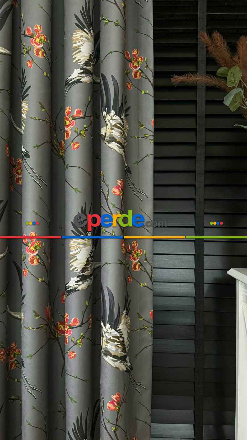 Genç Odası Antrasit Gri Çiçek Kuş Desenli İthal Kadife Fon Perde - Premium Kalite Serisi Ağır Gramajlı