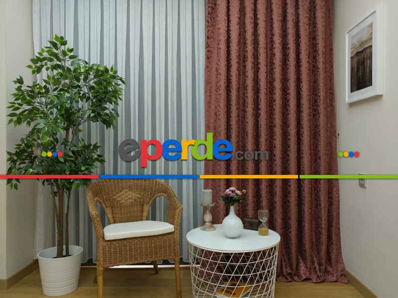 Bakır Rengi Kendinden Desenli Jakar Fon Perde (285 En)- Kiremit Rengi