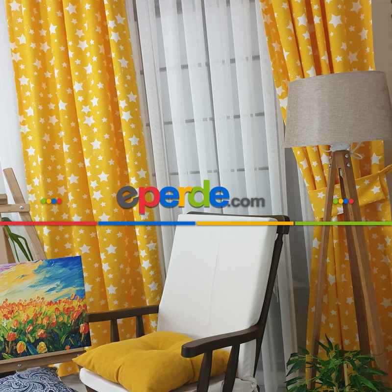 Yıldız Desenli Fon Perde Evm685-5 Kumaşı Kalındır Duck Bezi Değildir- Sarı-Beyaz