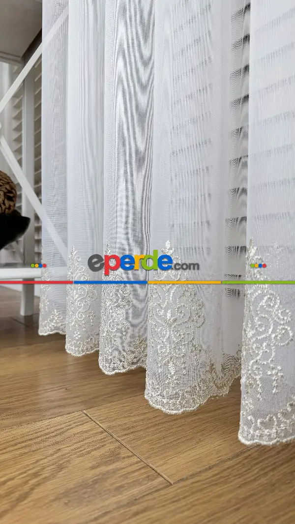 Ekru Altın Özel Dokuma, Özel İplik Brode İşlemeli Tül Perde - Ağır Gramajlı Premium Nakışlı