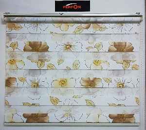 Çiçek Desenli Zebra Perde Hardal- Sarı-beyaz-hardal