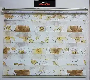 Çiçek Desenli Zebra Perde Hardal- Sarı-beyaz-hardal