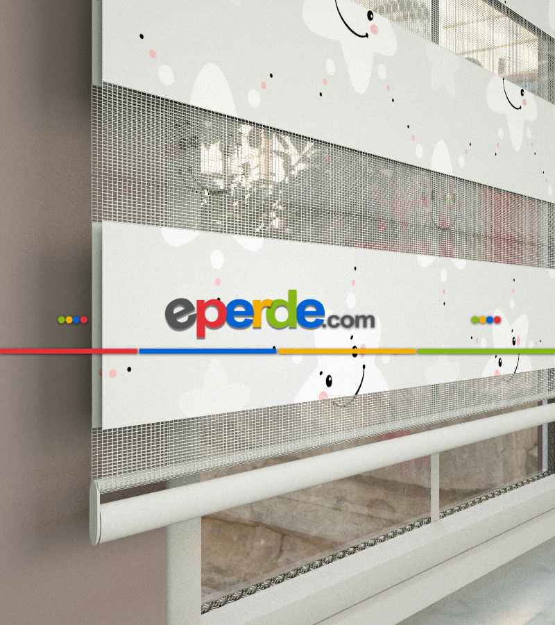 Çocuk Odası - Yıldız Desenli Baskılı Zebra Perde- Çok Renkli Zemin Lila