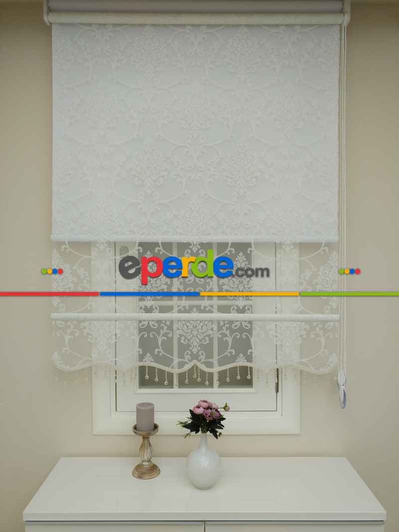 Salon - Tül Stor Çiftli Sistem Yakma Zemin Krem Damax- Gri Simli-ekru