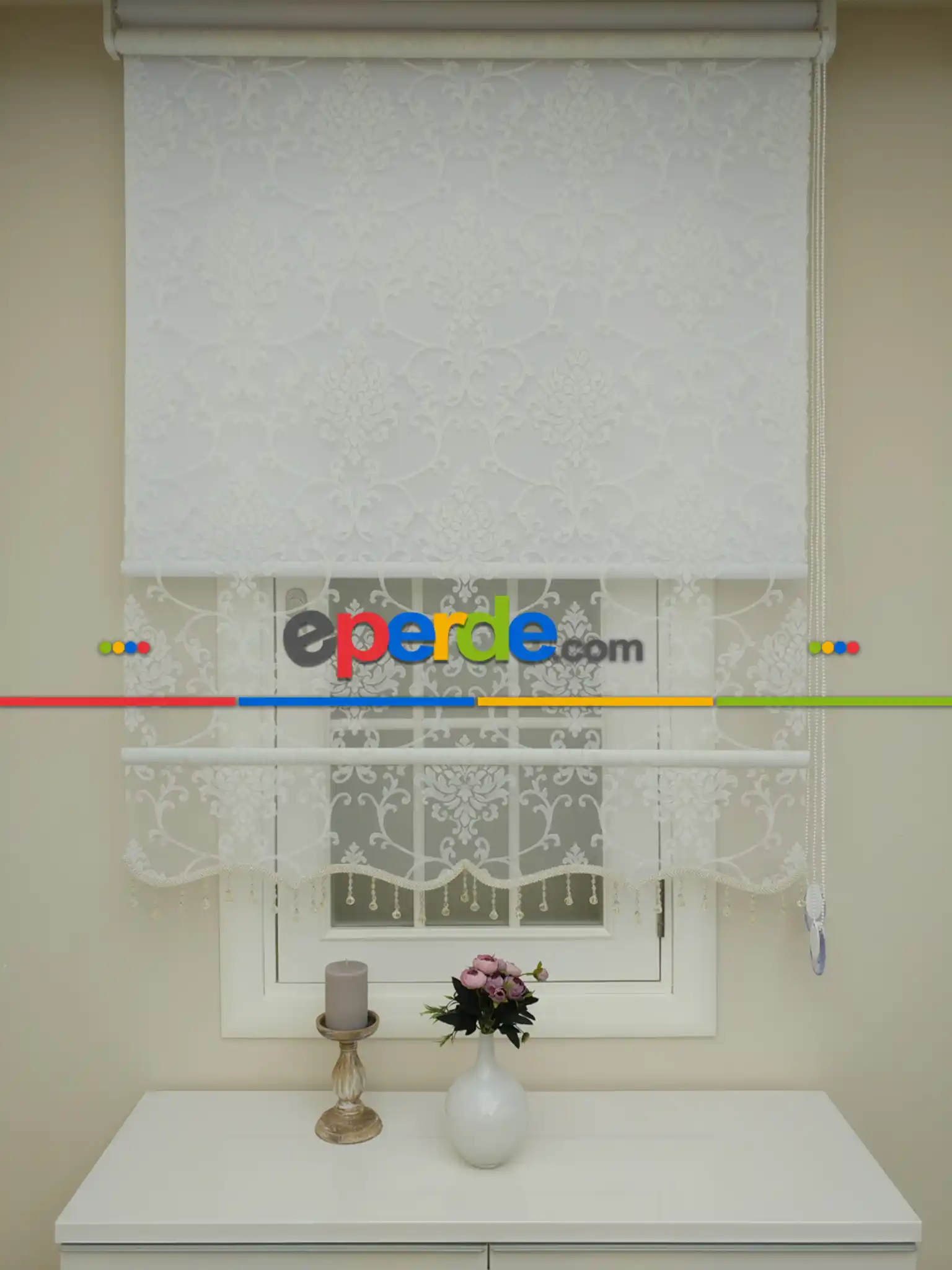 Yatak Odası - Tül Stor Çiftli Sistem Yakma Zemin Krem Damax- Gri Simli-ekru