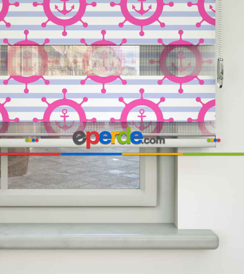 Bebek Odası Zebra Perde - Çapa Baskılı Zebra Perde- Mavi-Beyaz-Pembe