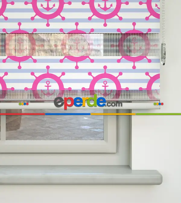 Bebek Odası Zebra Perde - Çapa Baskılı Zebra Perde- Mavi-Beyaz-Pembe