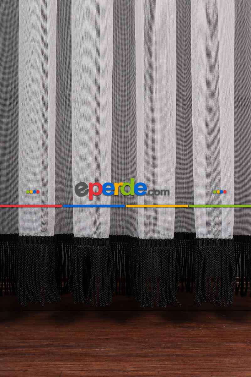 Yeni Trend Eteği Siyah Saçaklı Keten Tül Perde