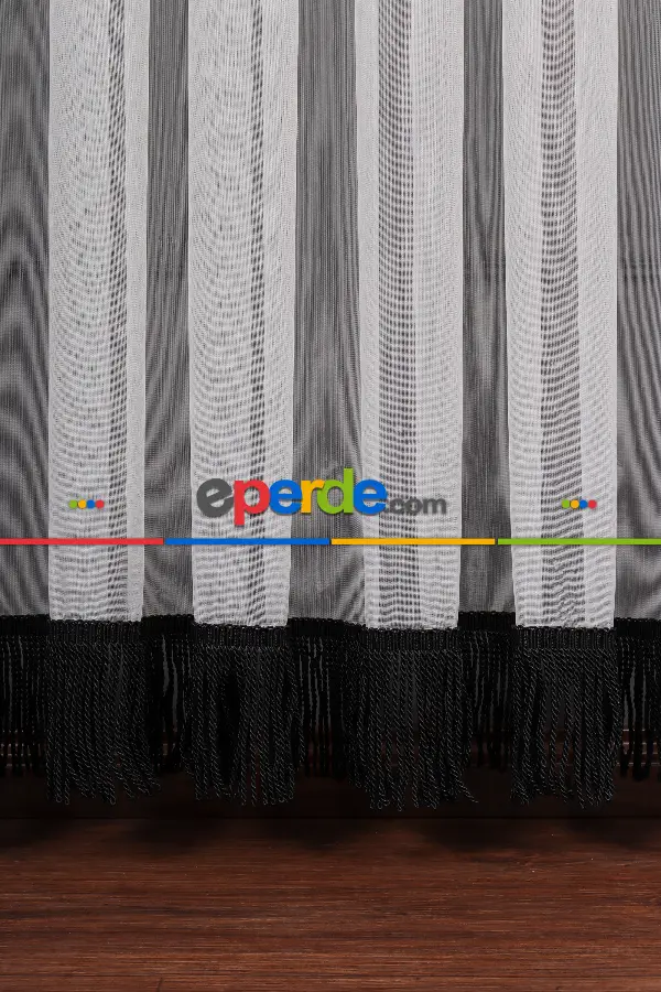 Yeni Trend Eteği Siyah Saçaklı Keten Tül Perde