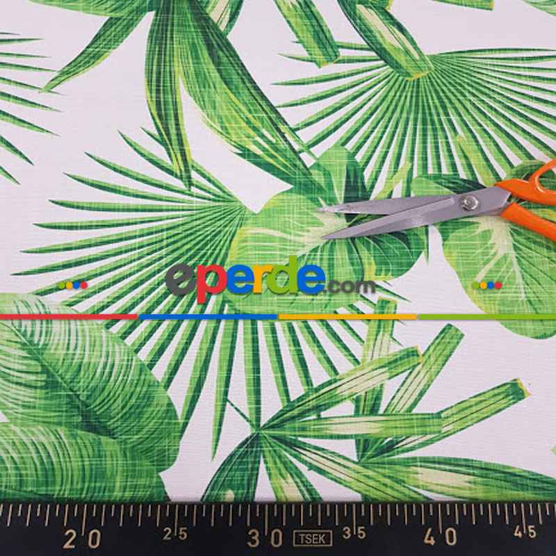 Tropikal Yaprak Desenli Fon Perde Evm1123 Kumaşı Kalındır Duck Bezi Değildir- Yeşil-Beyaz