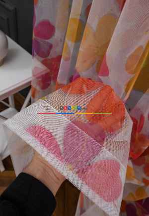 Hazır Ölçülü Petek Zemin Mor Ve Turuncu Renkli Çiçek Desenli Grek Baskılı Tül Perde