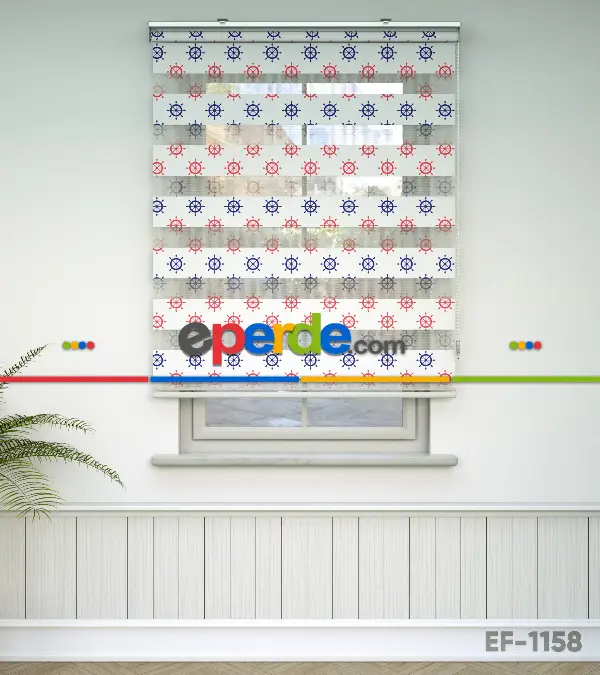 Dümen Baskılı Zebra Perde- Mavi-kırmızı-beyaz