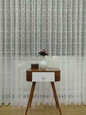 Enine Çizgili Etek Ucu Desenli Tül Perde- Ekru