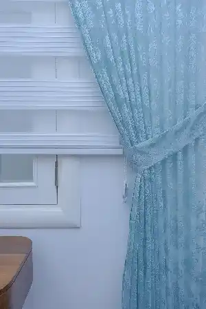 Dantel Damask Desen Tül Fon Perde - Turkuaz- Turkuaz