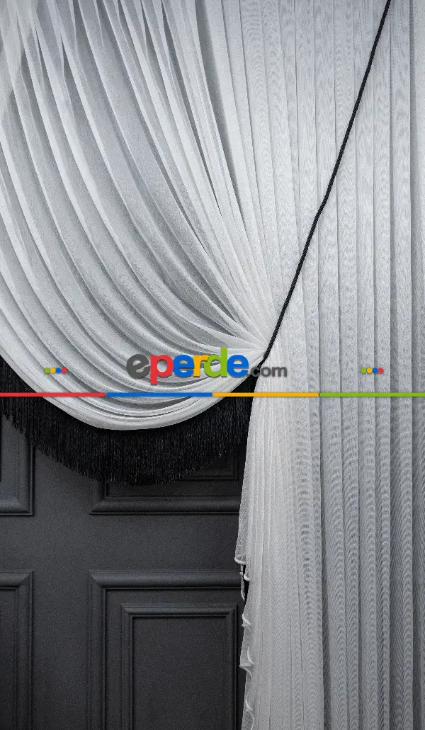 Salon - İki Renkli Yalancı Kruvaze - Tülden Fon - Halat İle Yana Toplamalı Tül - Kordon Toplama Tül - Çift Veya Tek Kanat - Püsküllü - Gri Ve Ekru Zemin, Siyah Ve Ekru Saçak Kombini