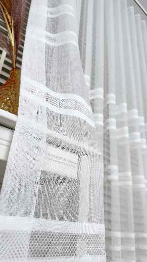 Ekru Çizgili Enine Bantlı Tül Perde, Ağır Gramajlı Premium Seri