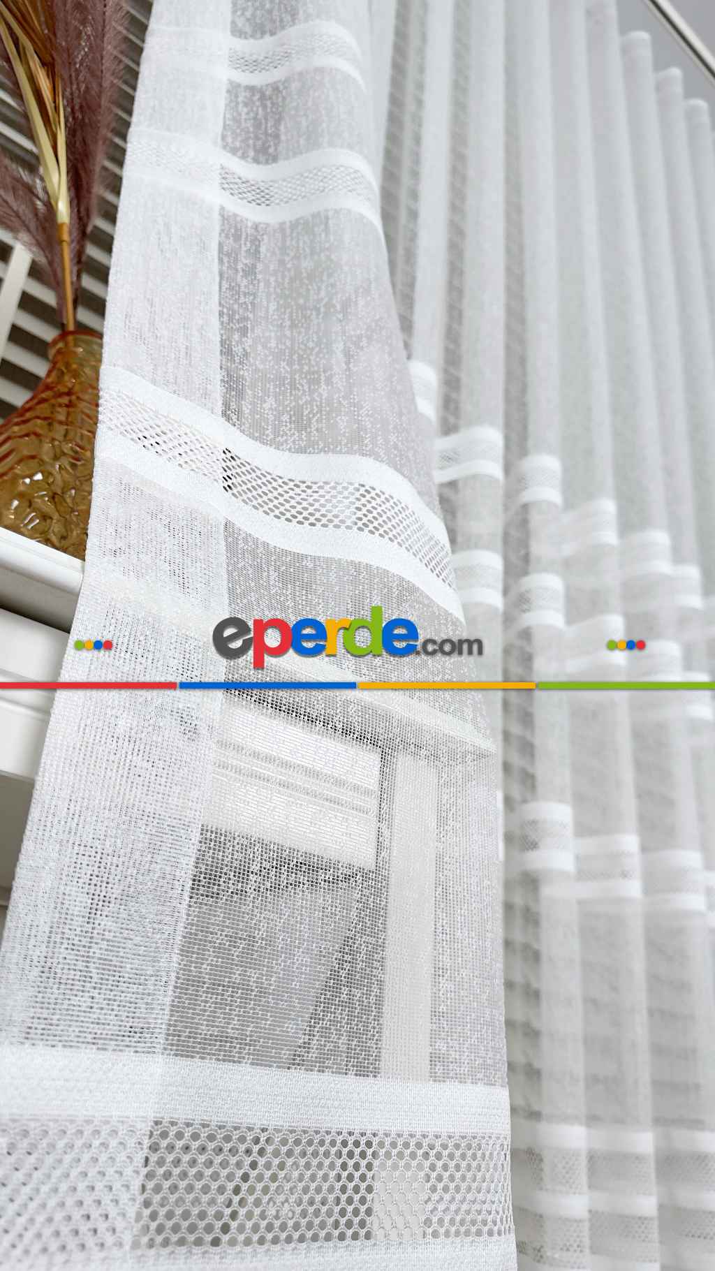 Ekru Çizgili Enine Bantlı Tül Perde, Ağır Gramajlı Premium Seri