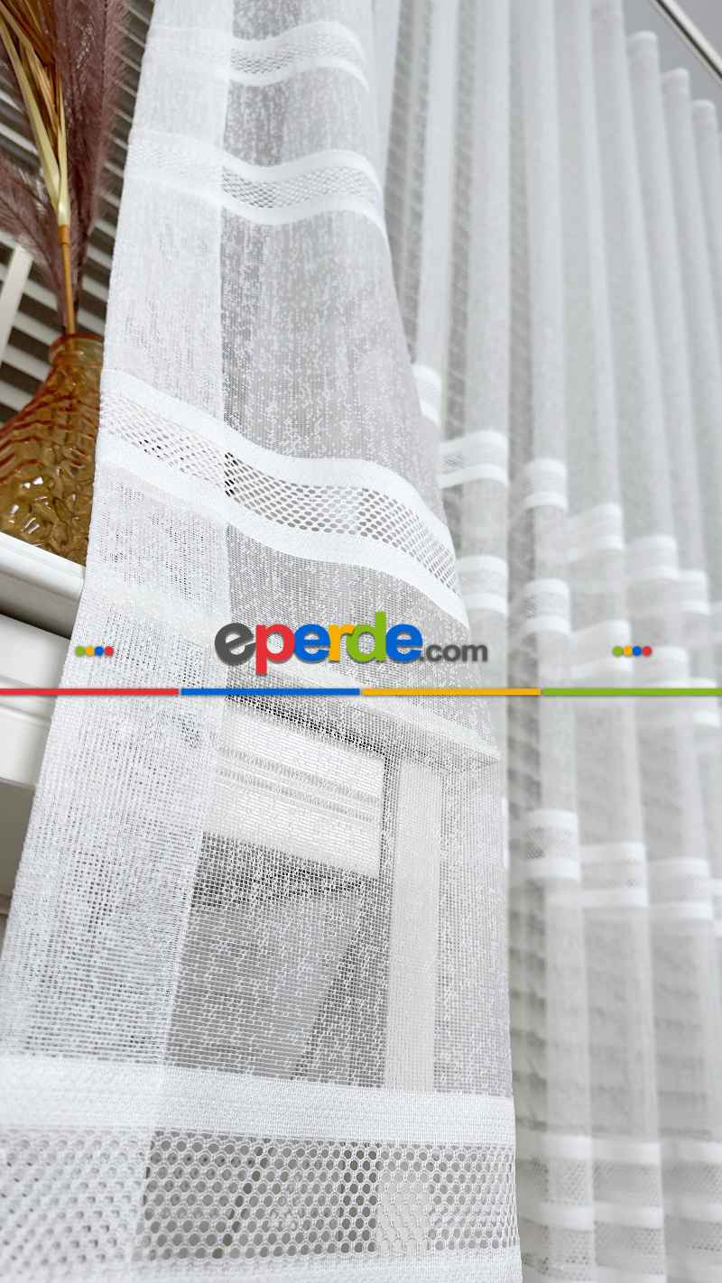 Ekru Çizgili Enine Bantlı Tül Perde, Ağır Gramajlı Premium Seri