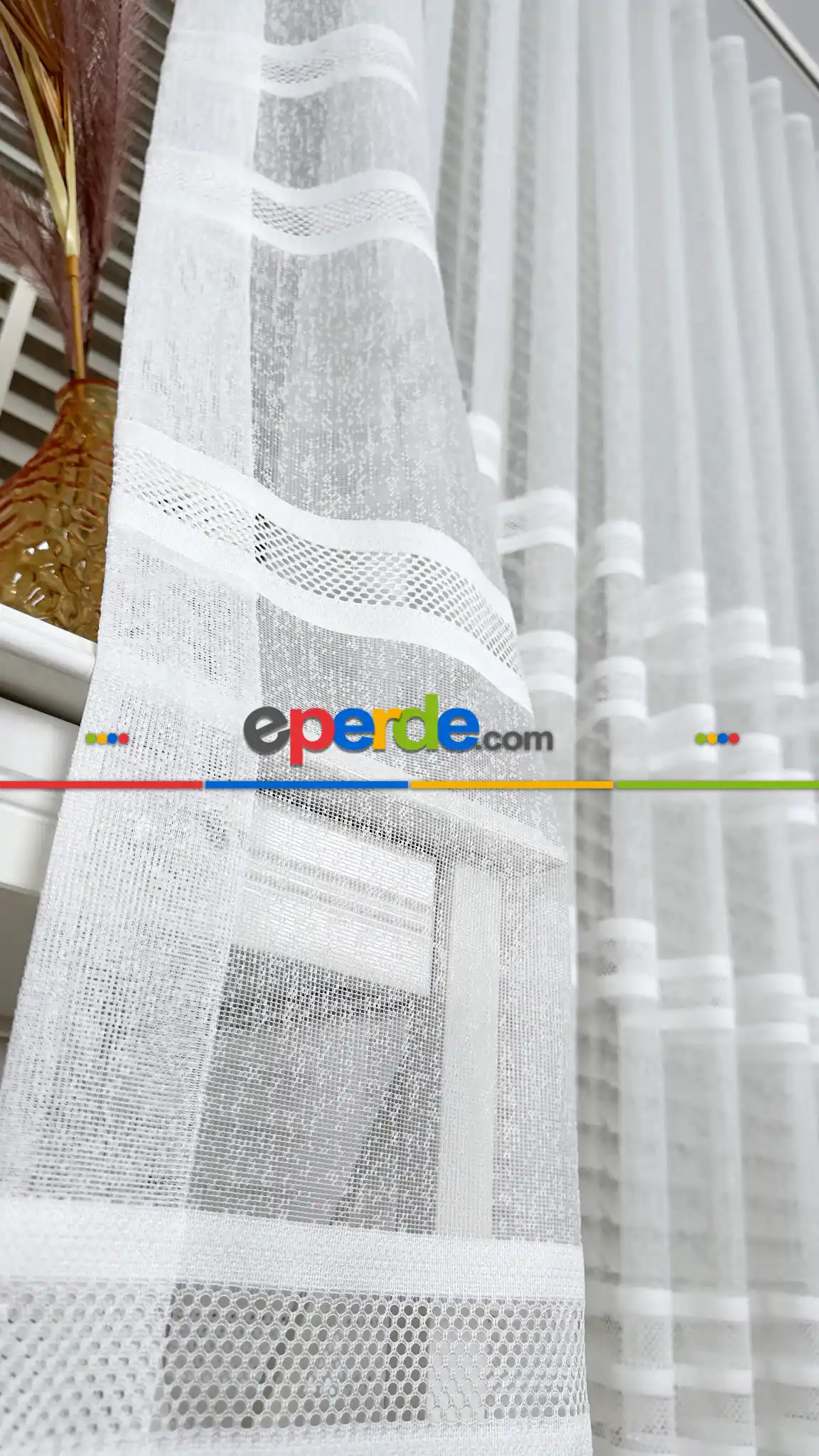 Ekru Çizgili Enine Bantlı Tül Perde, Ağır Gramajlı Premium Seri