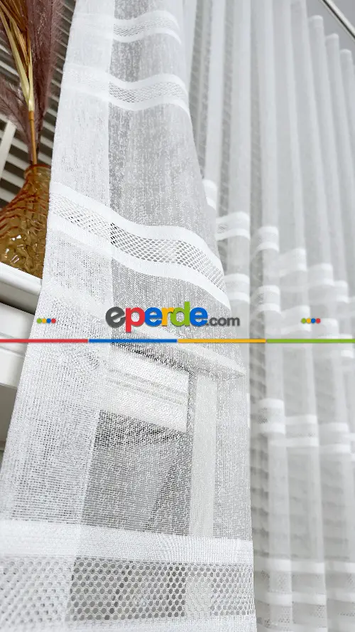 Ekru Çizgili Enine Bantlı Tül Perde, Ağır Gramajlı Premium Seri