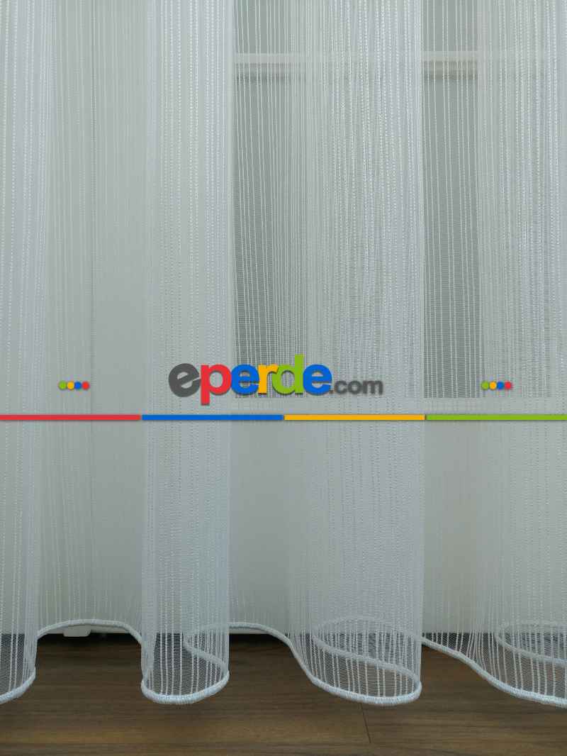 Mutfak - Ekru - Boyuna Çizgili İp Tül Perde- Ekru - Kurşunlu Tül