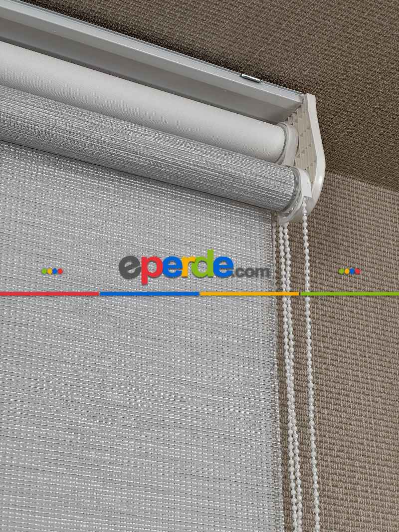 Ekru Gri Çiftli Sistem Tül Stor Perde, Standart Metal Kasalı Yüksek Kalite Kornişe Kolay Montaj Seçenekli