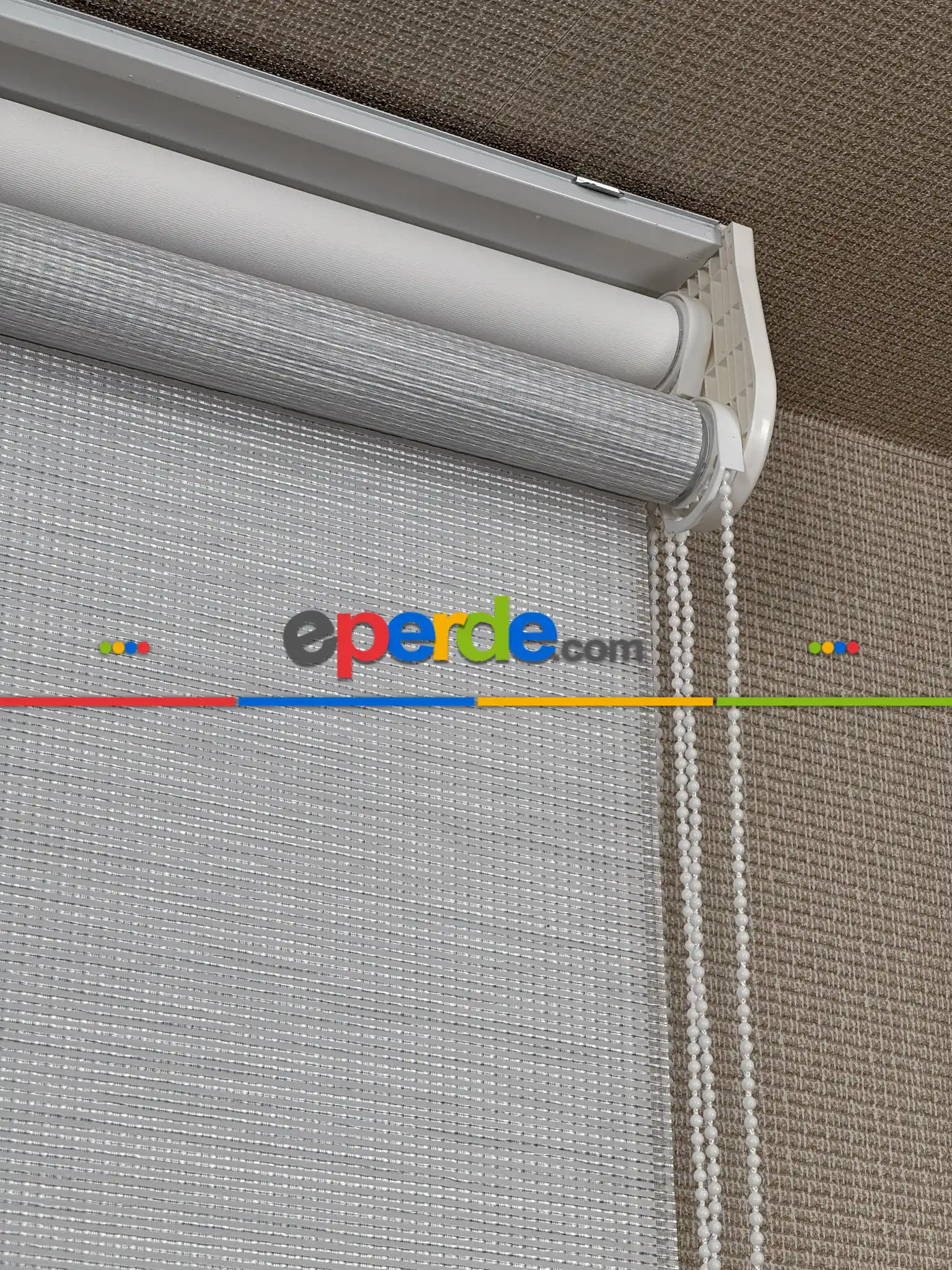 Ekru Gri Çiftli Sistem Tül Stor Perde, Standart Metal Kasalı Yüksek Kalite Kornişe Kolay Montaj Seçenekli