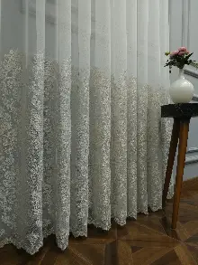 Oturma Odası - Eteği Duble Nakış İşlemeli Lüx Tül Perde Ikon 2021- Krem-altın Simli