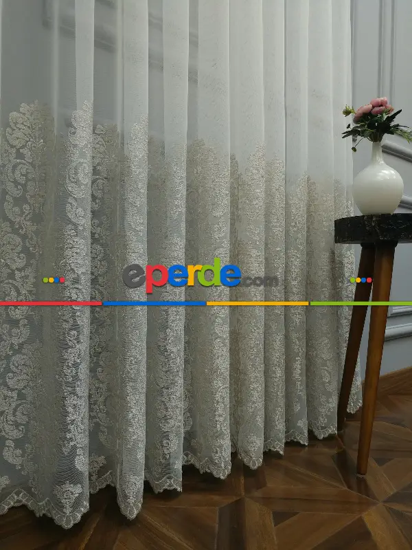 Salon Tül Perde - Eteği Duble Nakış İşlemeli Tül Perde Ikon 2021- Krem