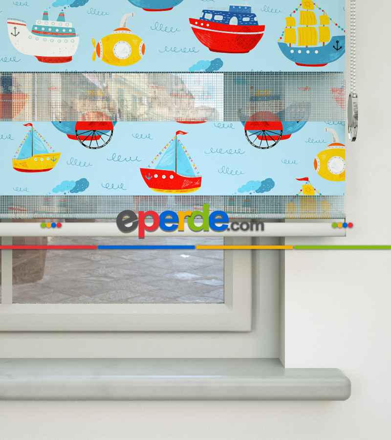 Bebek Odası Zebra Perde - Gemi Desen Baskılı Zebra Perde- Çok Renkli