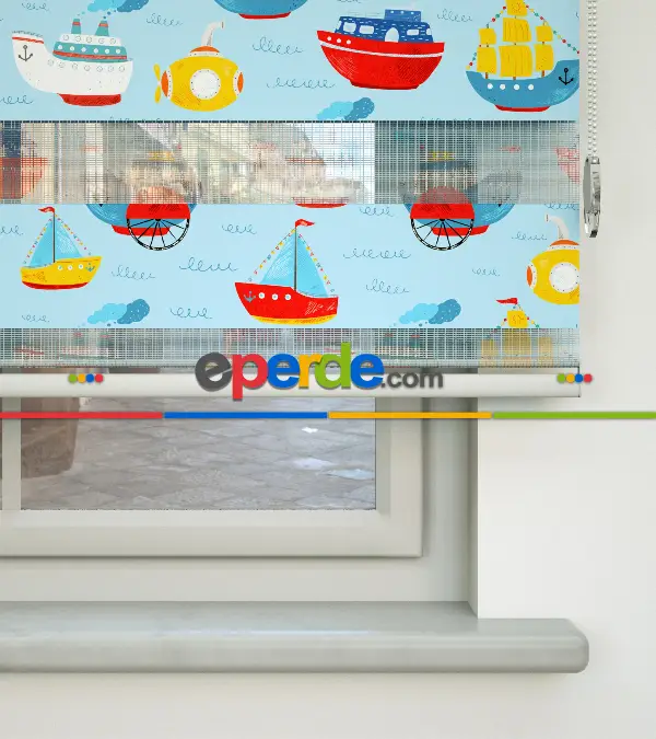 Bebek Odası Zebra Perde - Gemi Desen Baskılı Zebra Perde- Çok Renkli