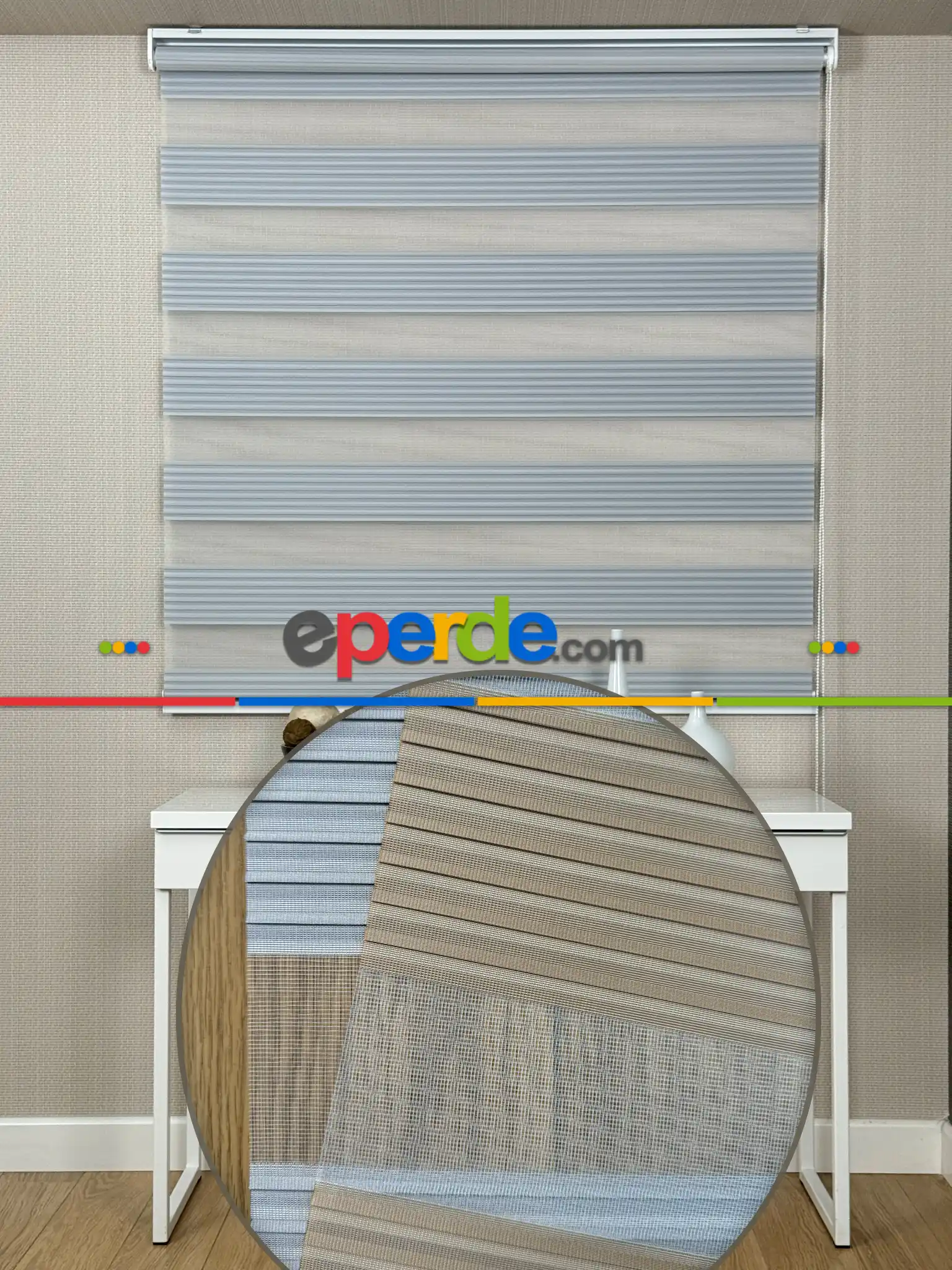 Yatak Odası Gri Pliseli Geniş Zebra Perde, Standart Metal Kasalı Yüksek Kalite Kornişe Kolay Montaj Seçenekli