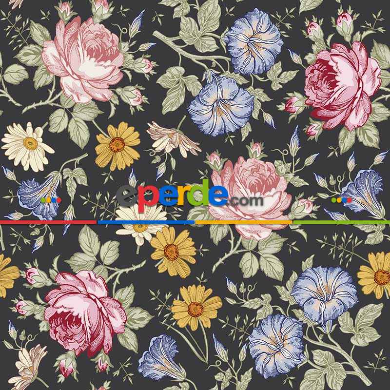 Çiçek Desenli Fon Perde Evm768 Kumaşı Kalındır Duck Bezi Değildir- Siyah-Beyaz