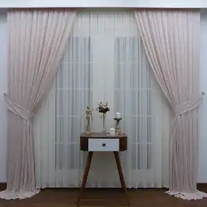 Pudra Pembe Dantel Tül Fon Perde(püsküllü) 90cm En 270 Cm Boy 1tkm- Pembe Pudra Pembe