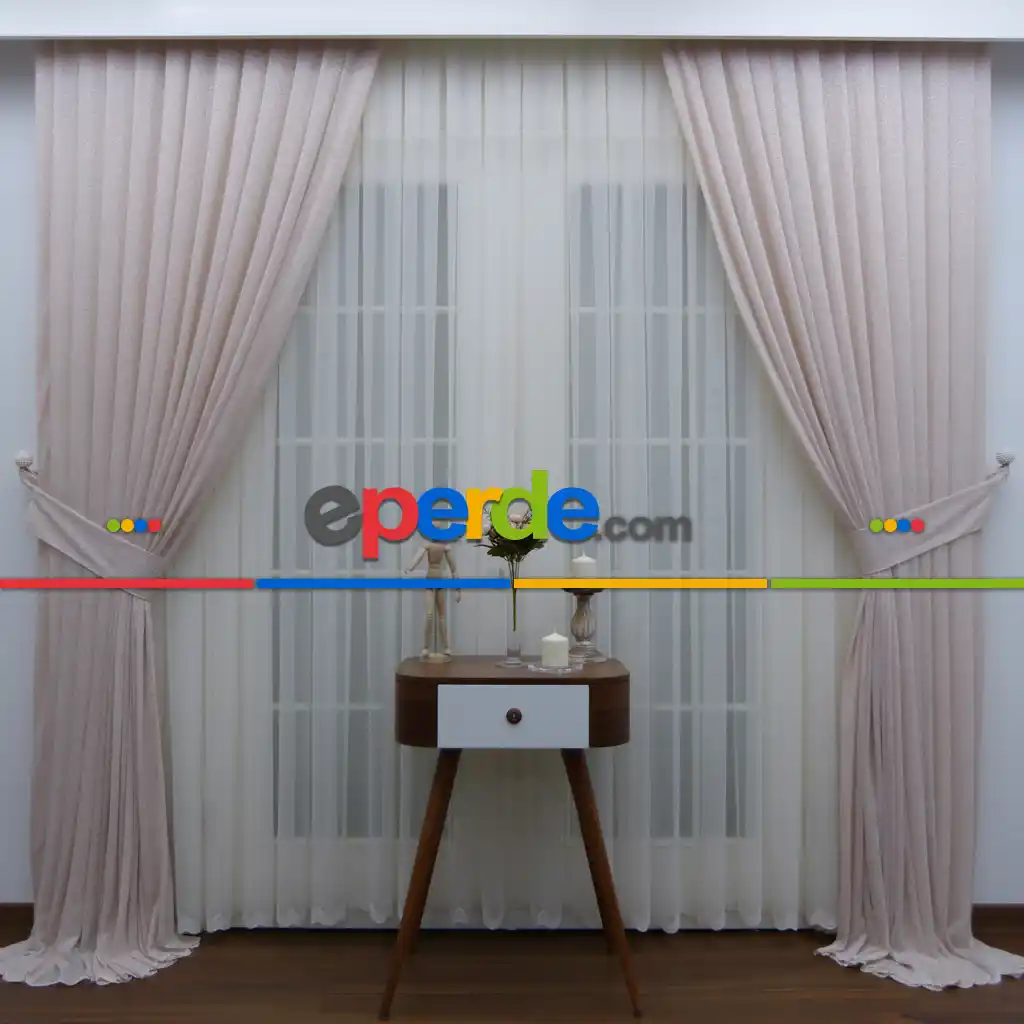 Pudra Pembe Dantel Tül Fon Perde(püsküllü) 90cm En 270 Cm Boy 1tkm- Pembe Pudra Pembe