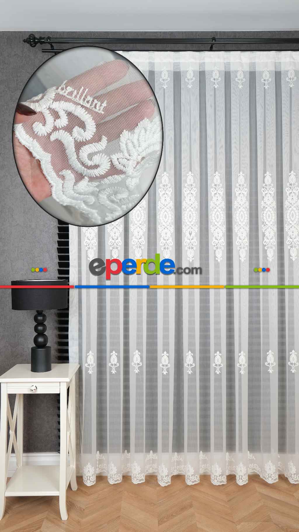 Şehrazat Beyaz Motif İşlemeli Ütü İstemez Salon Tül Perde